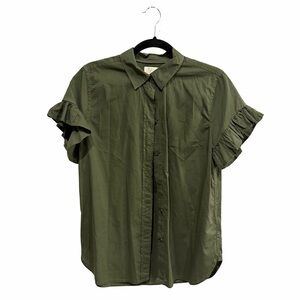 Vintage J. Crew Olive Green Short Ruffle Sleeve Button-Down Shirt